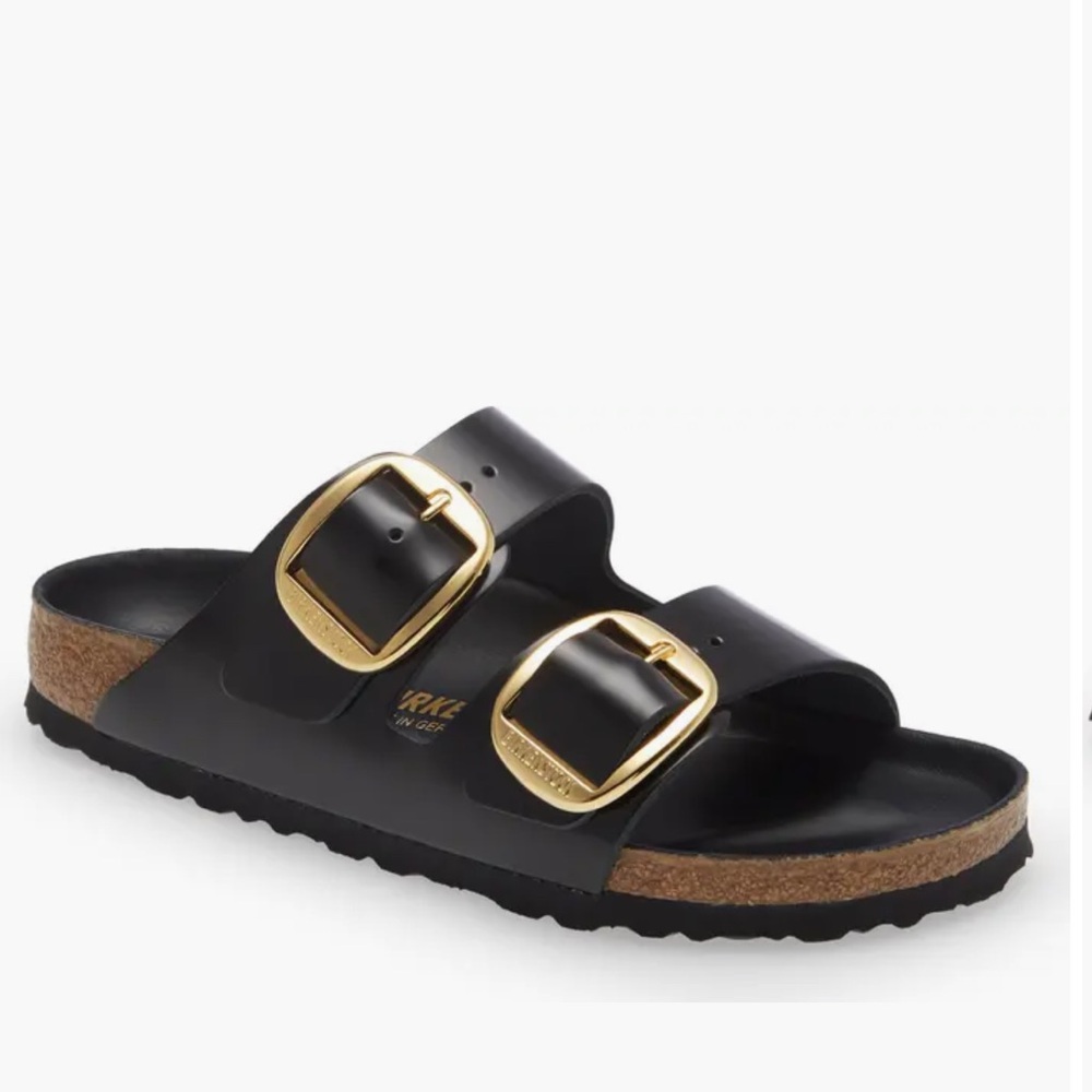 Birkenstock Arizona Big Buckle Black Leather Sandals with Gold Accents
